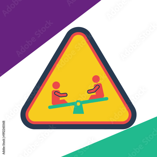 Illustration of two people on a seesaw within a triangular warning sign.