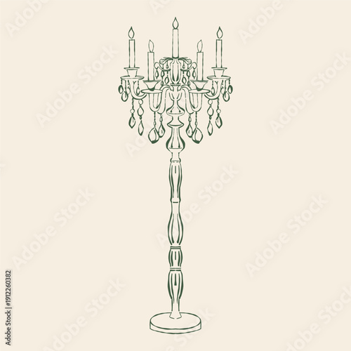 A vintage hand-drawn candelabra floor lamp with candles and green crystals. Vector outline illustration of a luxurious antique candelabra in a retro sketch style.
