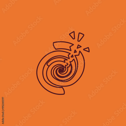 Abstract illustration of a swirling, shattered object on an orange background.