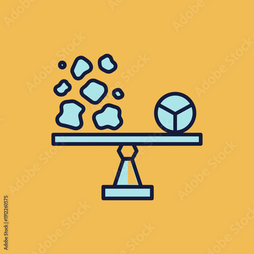 Illustration of a balance scale with rocks on one side and a cube on the
