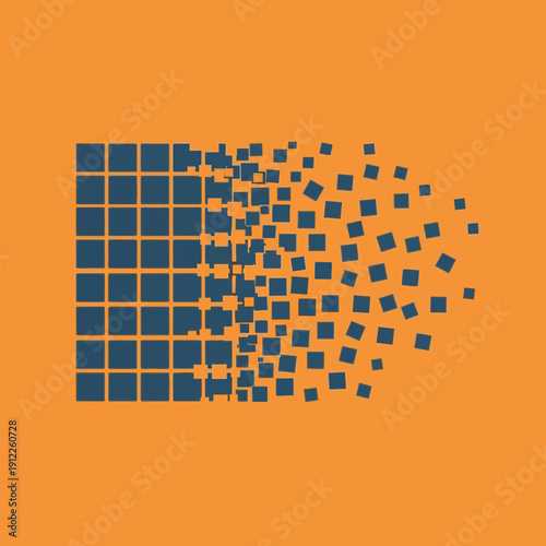Digital art of small squares dispersing from a larger grid on orange background.