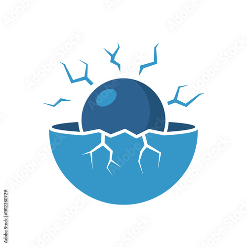 Illustration of a cracked eggshell with a blue sphere inside emitting sparks.