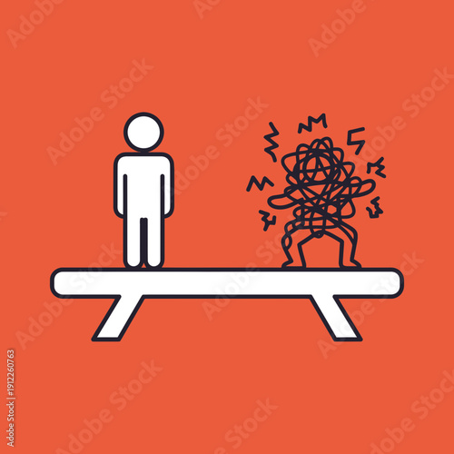 Person standing on a seesaw with a tangled, chaotic figure on the opposite end.