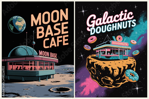 Set of two retro-futuristic space posters featuring Moon Base Cafe and Galactic Doughnuts. Bold flat colors, mid-century style, playful cosmic diner scenes in outer space.