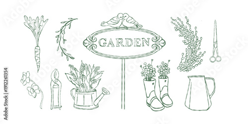 A charming vintage collection of garden elements. Plants, tools, boots with wildflowers, a watering can, branches, a carrot, and a Garden sign. Vector spring illustration. Garden line art in green.