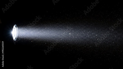 Option 1: Bright Flashlight Beam Illuminating Floating Dust Particles on Black Background
