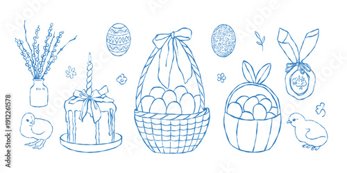 A set of hand-drawn vector Easter elements. Sketches of baskets with eggs, chicks, pussy willow, Easter cake, and flowers. Vector line illustration in blue. Easter isolated clipart.
