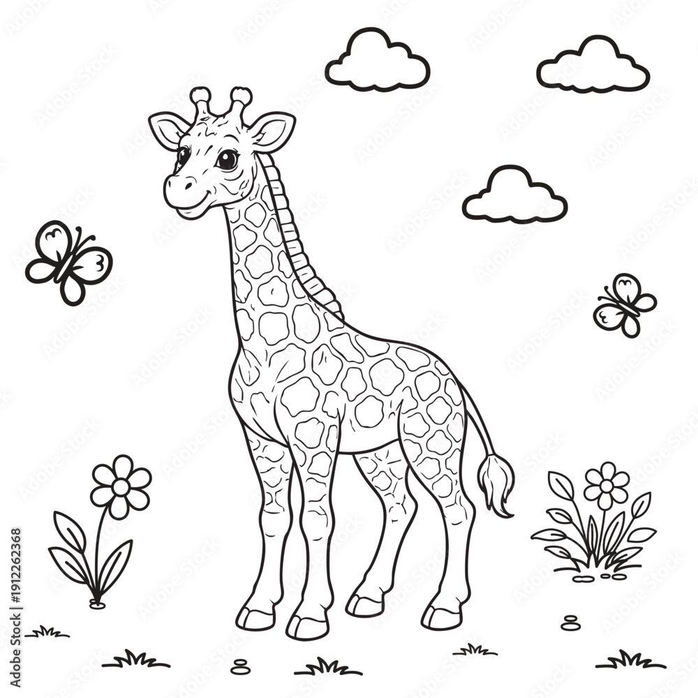 Naklejka premium Cute Giraffe Coloring Page for Kids Cartoon Animal Outline Illustration