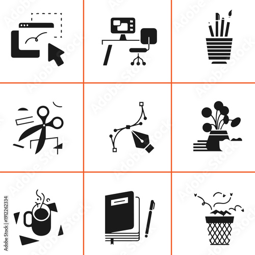 Work place icons set office environment business professional activity remote work home office desk chair computer laptop printer telephone meeting collaboration teamwork productivity corporate life