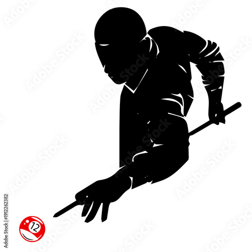 Silhouette men playing billiards, pool game competition, cue sport players, recreation activity, teamwork concept, leisure time illustration