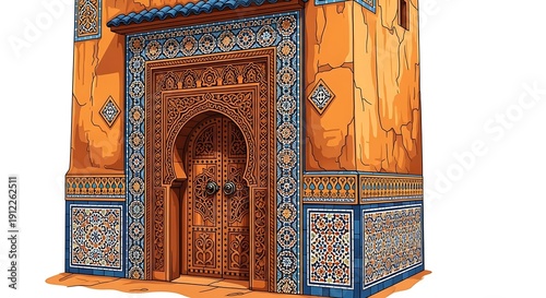 Option 1: Traditional Moroccan Entrance Illustration with Ornate Wooden Door and Blue Mosaic Tiles
