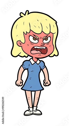 Cartoon illustration of a young blonde girl with an angry facial expression and clenched fists.