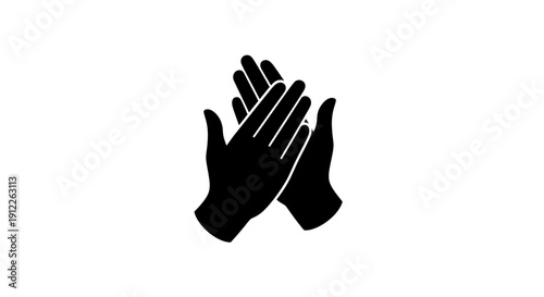 Black silhouette of two hands clapping, symbolizing applause, approval, and success on a white background.