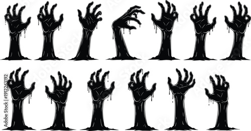 Creepy zombie hands reaching from ground silhouettes, horror undead arm set for Halloween, spooky monster graphics, cad drawing flat vector illustration