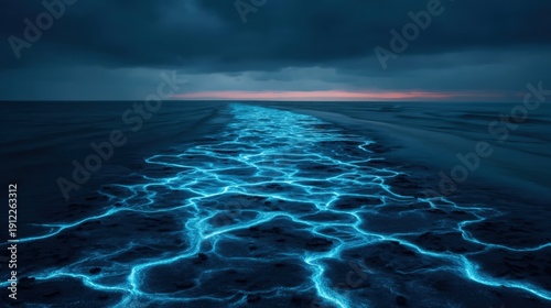 A glowing blue bioluminescent trail on the ocean surface under a dark, cloudy sky at dusk.