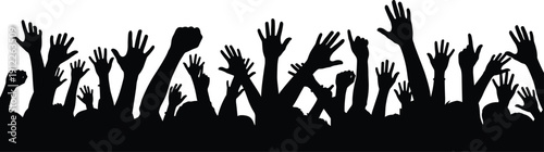 Crowd of raised hands silhouette, cheering people at concert festival or protest, audience group applause, cad drawing flat vector illustration
