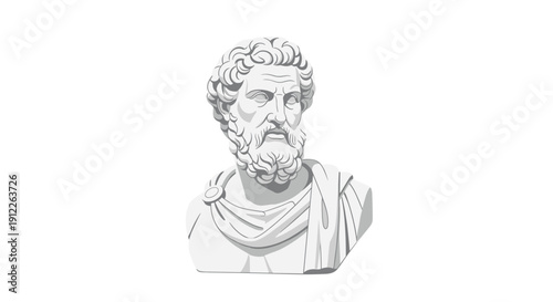 Majestic White Marble Bust of an Ancient Greek Philosopher, Adorned with Classical Drapery, Featuring a Robust Beard and Curly Hair.