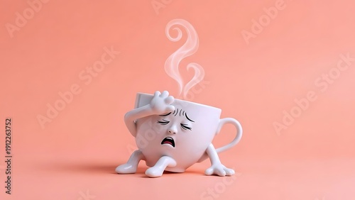 Exhausted Hot Coffee Cup Character With Steam Cute 3D Illustration
