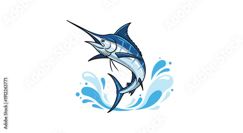 Dynamic Blue Marlin Fish Leaping Energetically from the Ocean Water, Creating Exciting Splashes, Rendered in a Lively Cartoon Style.