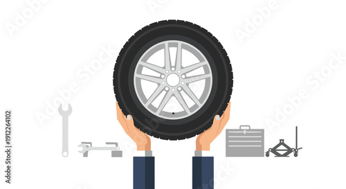 Pair of human hands holding a large car tire, surrounded by essential automotive repair tools like a wrench, jack, and toolbox, indicating professional vehicle service.