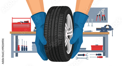 Worker's gloved hands holding a car tire in a detailed workshop setting with a workbench, toolbox, and various tools, emphasizing professional automotive repair.