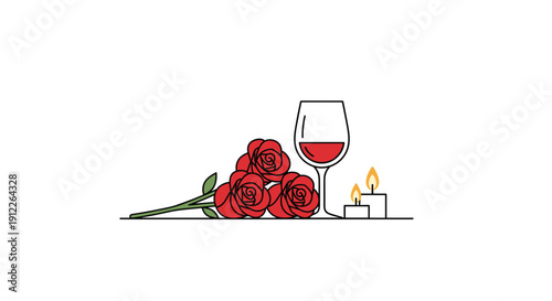 Minimalist display featuring a cluster of red roses beside a half-full wine glass and two small lit candles, suggesting a subtle and elegant romantic mood.