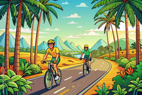 Two cyclists riding along tranquil road lined with lush palm trees in Thailand enjoying peaceful tropical scenery warm sunlight relaxed travel adventure atmosphere.