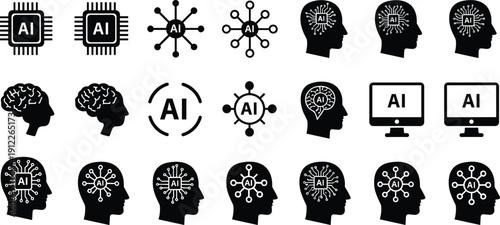 Artificial intelligence icon set featuring human head silhouettes, neural networks, brain circuits, microchips, and digital technology symbols for modern innovation, 