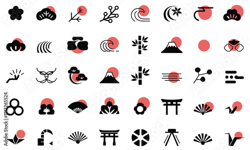 Striking collection of essential Japanese cultural and New Year icons, featuring Mount Fuji, Torii gates, pine, bamboo, and fans in a bold, minimalist black and red vector graphic design.
