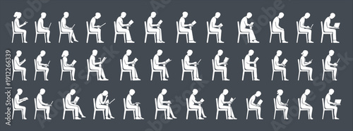Minimalist vector illustration set of people sitting and using laptops books and mobile devices, seated working and studying poses silhouette collection on dark background