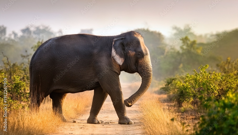 Fototapeta premium an asian elephant walking trunk raised