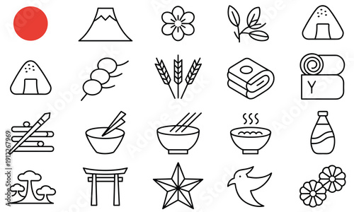 Clean vector collection of Japanese culture, travel, and food line icons featuring Mount Fuji, Torii gate, Sakura, Onigiri, and traditional cuisine symbols on white.