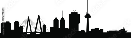 City skyline silhouette with bridge, modern buildings, tower and ship, urban waterfront landscape illustration, metropolitan architecture panorama isolated on white background.