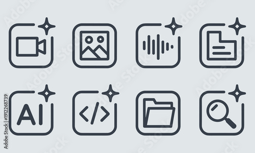 Minimalist dark line icons featuring AI, video, audio, code, and file management, symbolizing smart digital media processing and modern technology development tools.