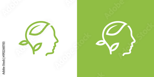 Green mind logo design with leaves representing nature and health.