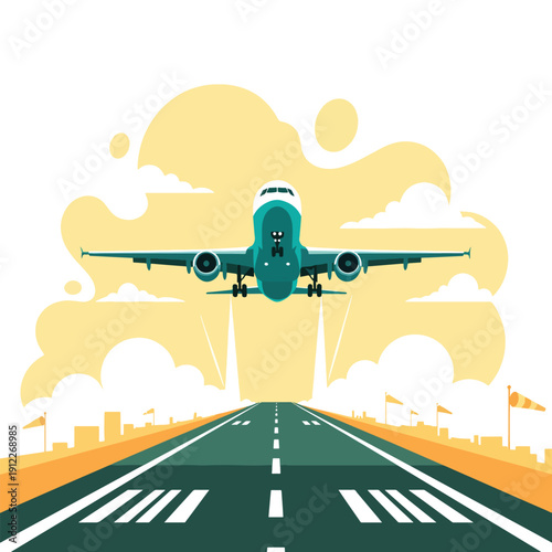 Passenger airplane taking off from airport runway at sunrise, vector illustration of flight departure.