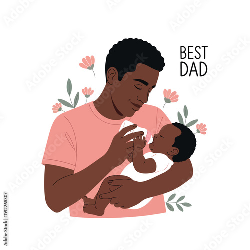 Loving African American father bottle-feeding baby, 'BEST DAD' message, floral vector art.