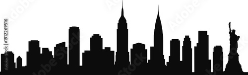 New York City skyline silhouette with skyscrapers and Statue of Liberty, urban Manhattan cityscape panorama illustration isolated on white background for travel design.