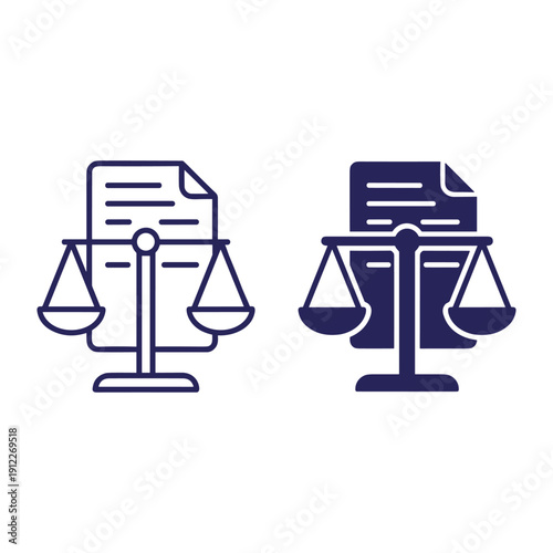 Set of two icons featuring a paper document combined with justice scales