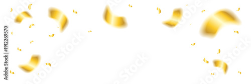 Gold Confetti and Ribbon Falling on White Background. Festive Celebrations. Vector Illustration