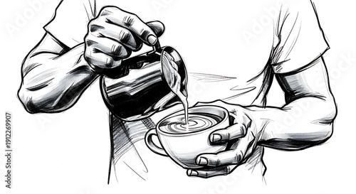 Barista Hands Pouring Steamed Milk into Coffee Cup for Latte Art - Hand Drawn Black and White Illustration
