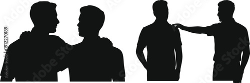 Silhouette of male friends talking and pointing during discussion, misunderstanding concept, teamwork interaction scene, conflict conversation illustration isolated on white background.