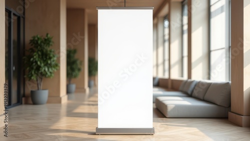 Blank White Roll Up Stand Banner Mockup in Hotel Interior
