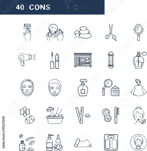 Vector line art icons depicting beauty salon services, spa treatments, and personal care products, isolated on a transparent background.