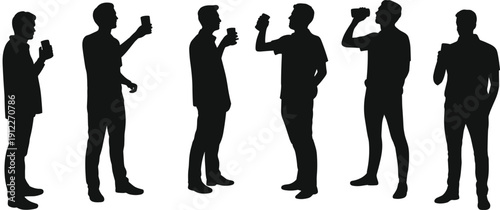 Silhouette set of men drinking beverage from bottle and glass, male people standing with drinks, refreshment and lifestyle concept illustration isolated on white background.