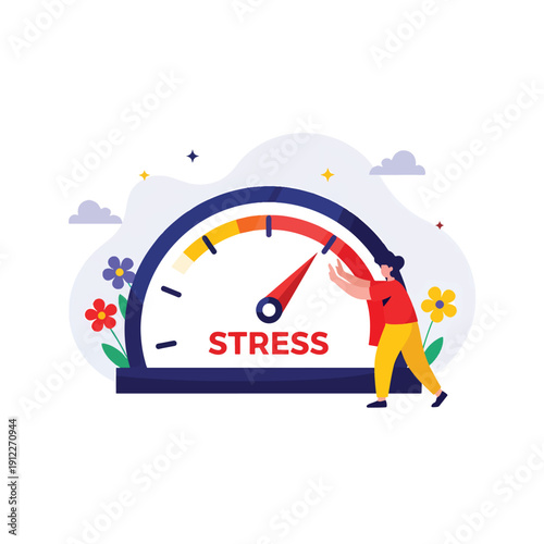 Person pushing stress meter needle to high level, indicating increased pressure and mental burden concept