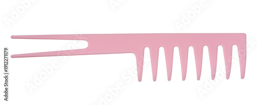 A pink barber comb with wide, sparse teeth and a long, forked handle.