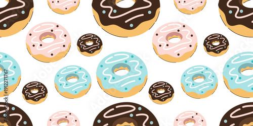 Donut seamless pattern with chocolate, pink and blue glazed doughnuts. Repeating sweet bakery texture featuring frosted donuts with sprinkles and icing drizzle in pastel tones. 