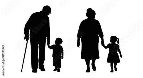 Silhouette of two sets of grandparents holding hands with grandchildren walking together