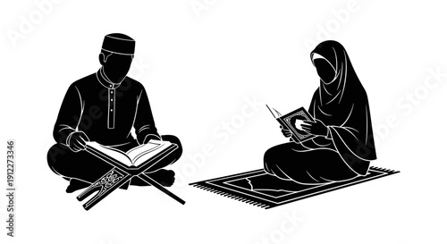 Two individuals in Islamic attire are engrossed in reading the Quran